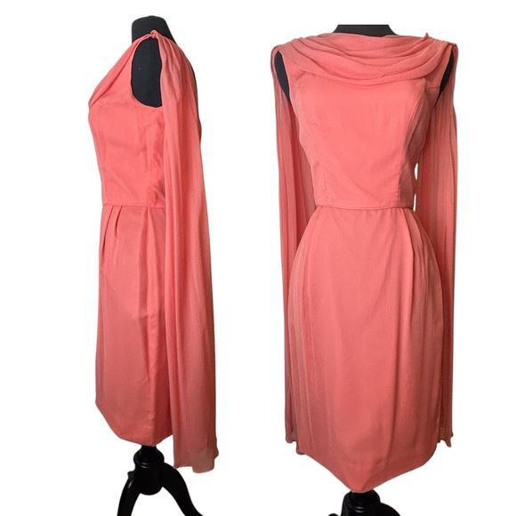 Union Made Dresses & Skirts - Retro Vintage 60s Coral Chiffon Draped Neckline Dress – Elegant Sleeveless Small
